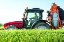 Tractor spraying wheat in spring