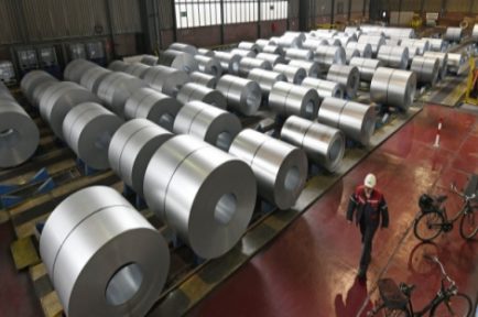 FILE - In this April 27, 2018 photo steel coils are stored  at the Thyssenkrupp steel factory in Duisburg, Germany.  (AP Photo/Martin Meissner, file)